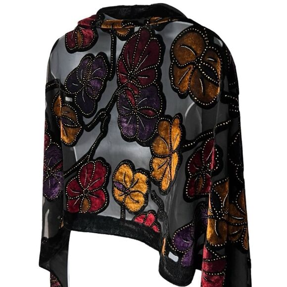 Black Velvet Scarf/Shawl Shoulder Cover Up Rectangle W/Fringe Floral Beaded - Picture 8 of 10
